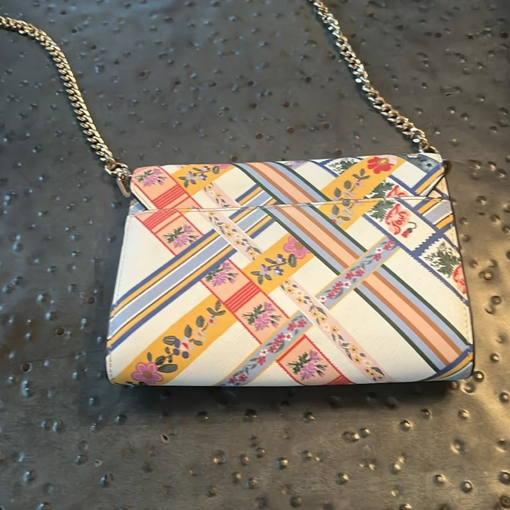 Tory Burch Kerrington Ribbon Weave Bias small Crossbody, cream w red, blue, gold - Picture 3 of 9